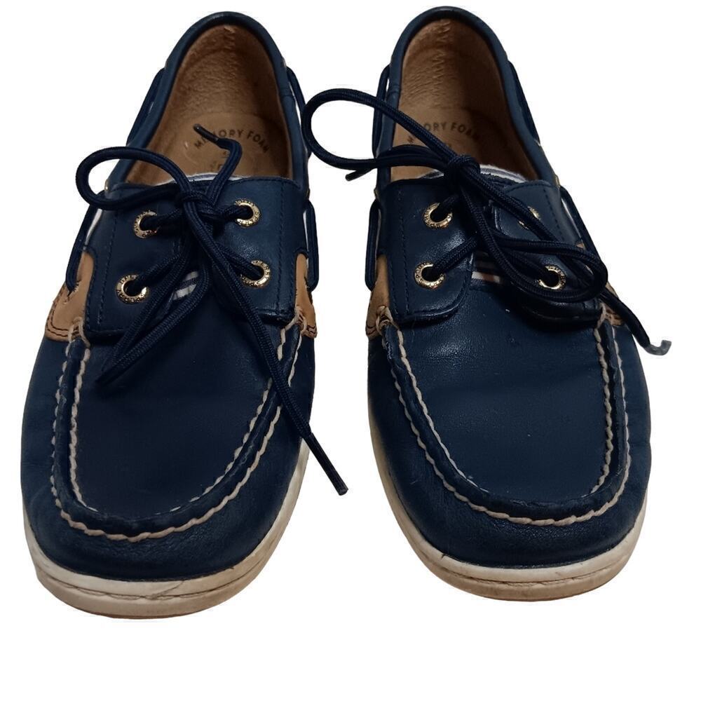 EUC Blue Leather with White Striped Fabric Sperry Shoes Size 7.5